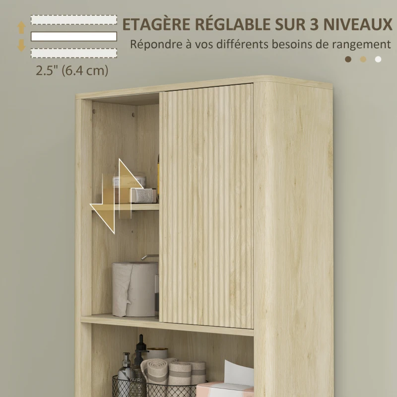 HOMCOM Meuble de rangement au-dessus des toilettes avec porte coulissante, compartiments et étagère réglable, blanc