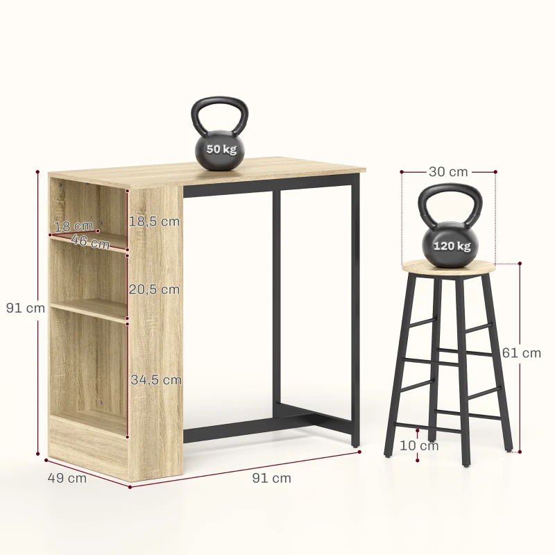 HOMCOM 3-delige Bartafelset, 1 Counter, 2 Stoelen, met Opbergruimte en Voetsteunen, Ruimtebesparend, Lichtbruin+Zwart(m-3)