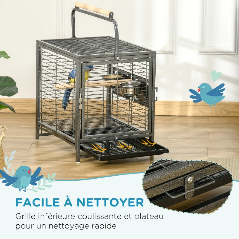 PawHut Cage de transport en acier pour perroquets, cage à oiseaux avec 2 bols en acier inoxydable, 2 perchoirs, plateau, noir