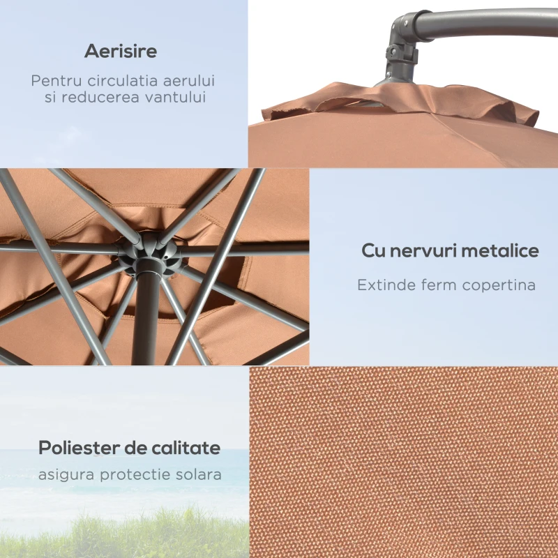 Outsunny Umbrelă Suspendată cu Bază în Cruce, Greutăţi, Manivelă și Protecţie UV, Ø3x2.5 m, Cafeniu