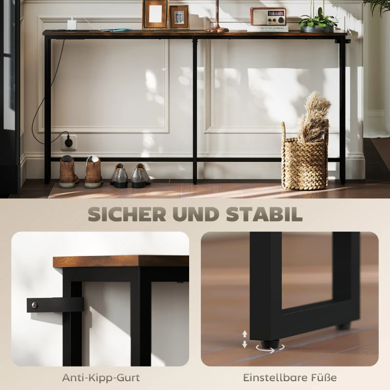 HOMCOM Smalle Consoletafel met Oplaadstation, Industriële Stijl, Stalen Frame, Bruin(m-5)