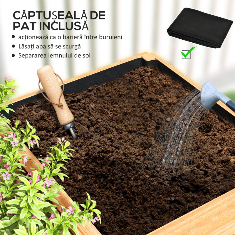 Outsunny Strat de Grădină Înălțat și Adânc cu 3 Zone de Creștere și Strat de Protecție, 140x60x40 cm, Lemn Natural