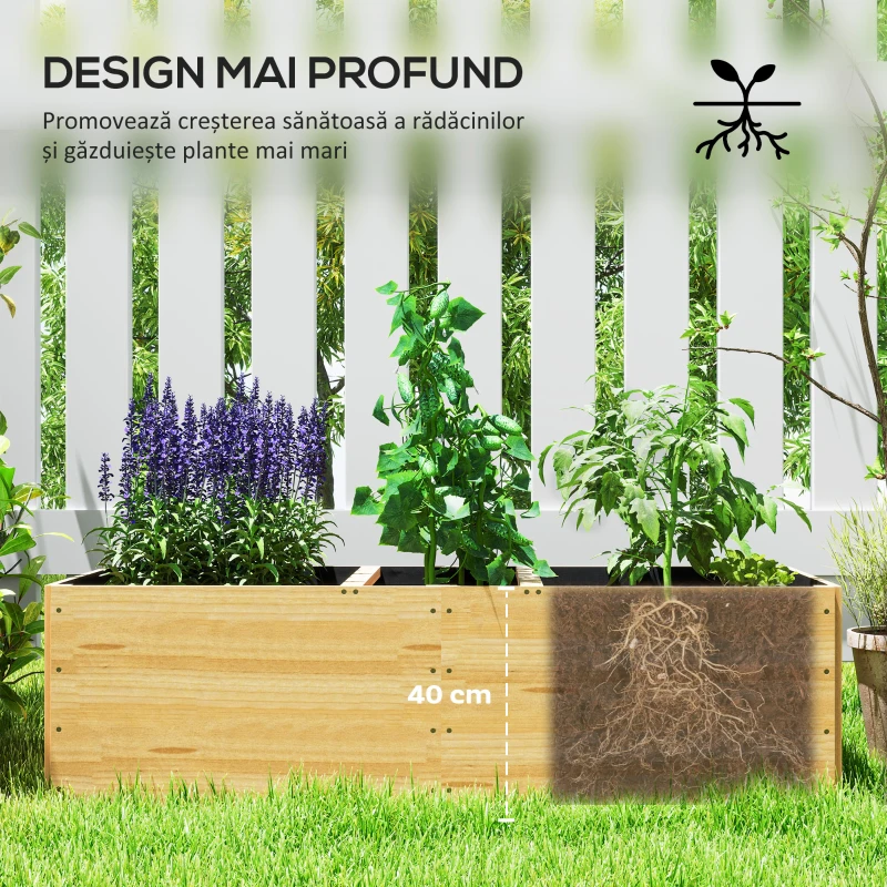 Outsunny Strat de Grădină Înălțat și Adânc cu 3 Zone de Creștere și Strat de Protecție, 140x60x40 cm, Lemn Natural