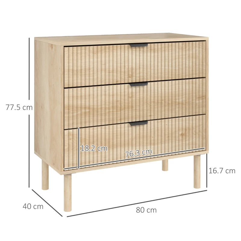 HOMCOM Comodă cu 3 Sertare, Picioare din Lemn Masiv și Design Canelat, 80x40x77,5 cm, Lemn Natural(m-3)