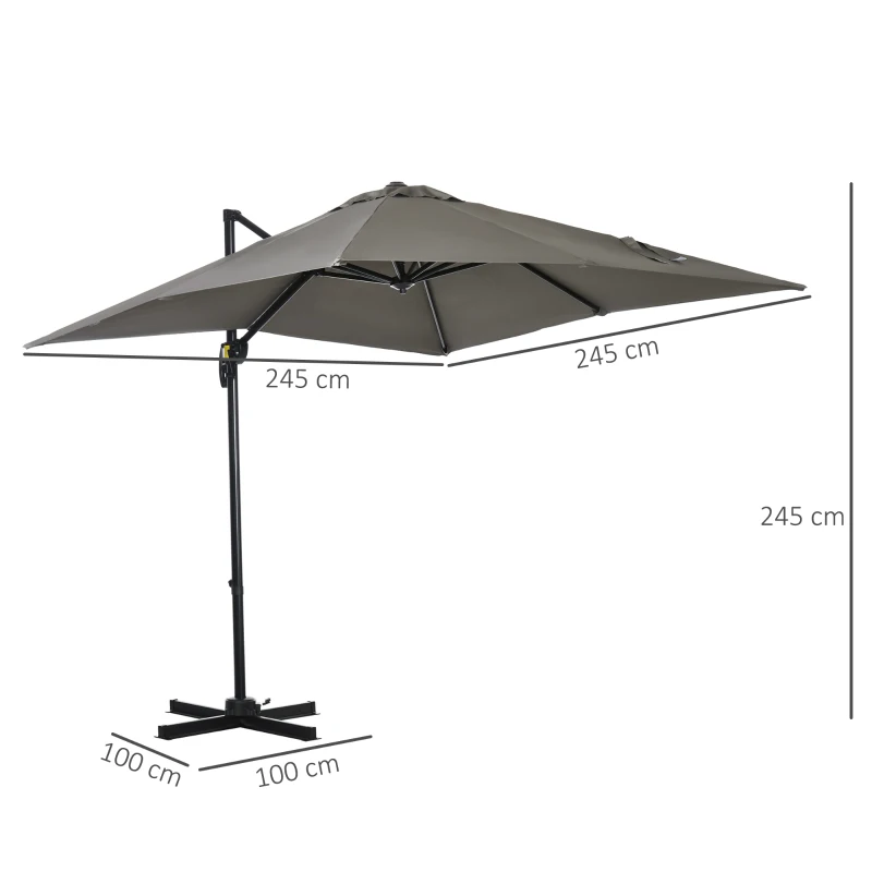 Outsunny Umbrelă de Grădină cu Manivelă, Rotire la 360° și Copertină Reglabilă pe 5 Niveluri, 2.5x2.5 m, Gri Deschis