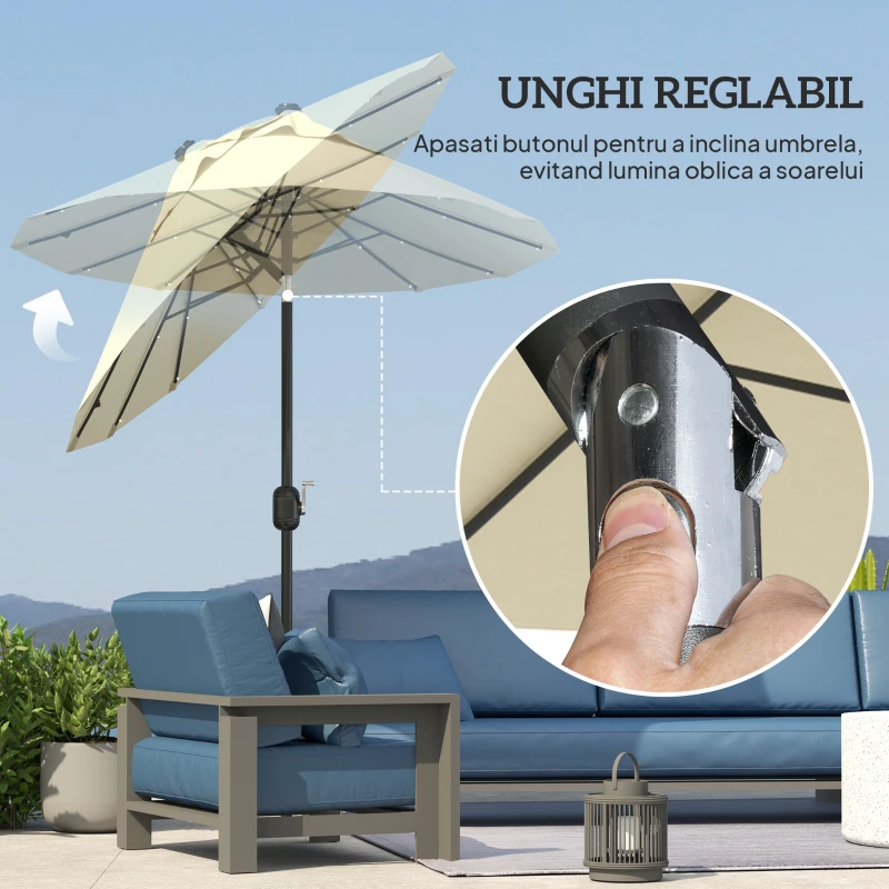 Outsunny Umbrelă Dublă Înclinabilă cu Manivelă, Lumini LED, Bază în Cruce şi Orificii de Ventilaţie, 295x150 cm, Alb Crem