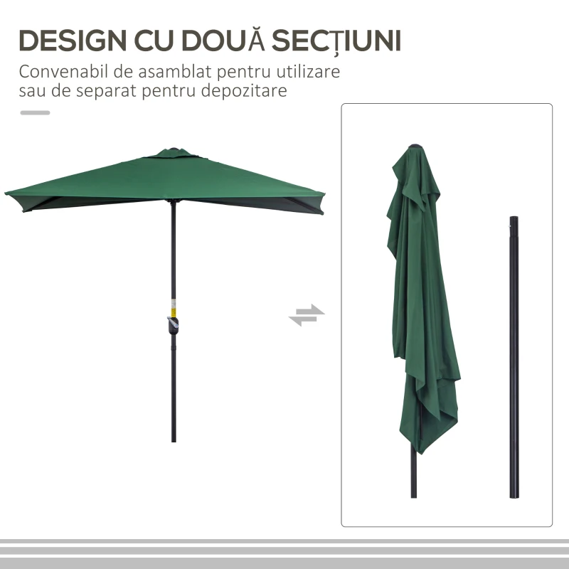 Outsunny Umbrelă Semicirculară de Perete cu Deschidere cu Manivelă şi Orificii de Ventilaţie, 230x130x245 cm, Verde