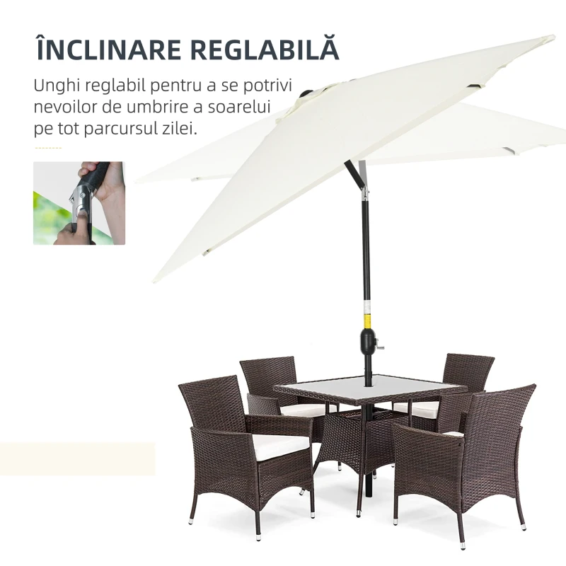 Outsunny Umbrelă dreptunghiulară 2x3 m pliabilă și reglabilă cu manivelă, din aluminiu și poliester, crem alb