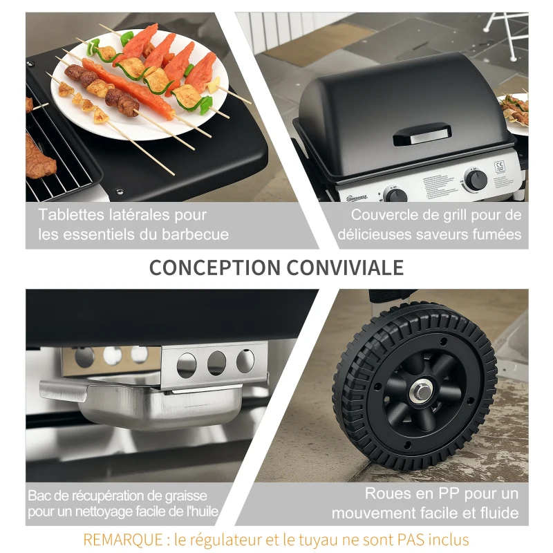 Outsunny Barbecue gaz 2 brûleurs en acier inoxydable, puissance 2,8 kW, barbecue de jardin 2 grilles, 104 x 49 x 99 cm, noir