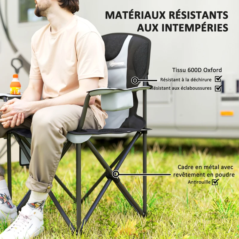 Outsunny Chaise de camping pliante avec accoudoirs réglables, porte-gobelets, poches latérales et sac de refroidissement, noir