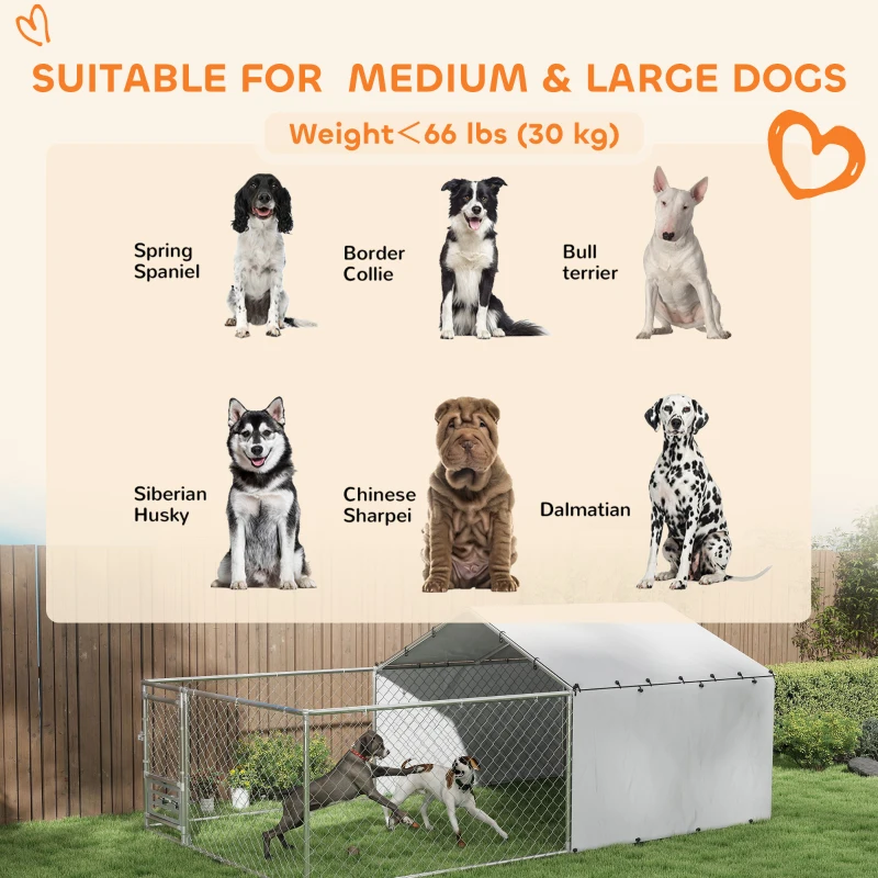 PawHut Țarc pentru Câini de Exterior cu Acoperiș Anti-UV Impermeabil și Boluri Rotative, 400x230x150 cm, Argintiu(m-8)
