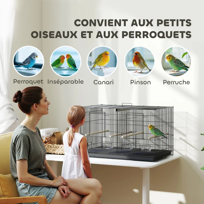 PawHut Cage à oiseaux volière intérieur acier avec séparateur 4 perchoirs plateau coulissant 4 mangeoires 76 x 46 x 46 cm noir