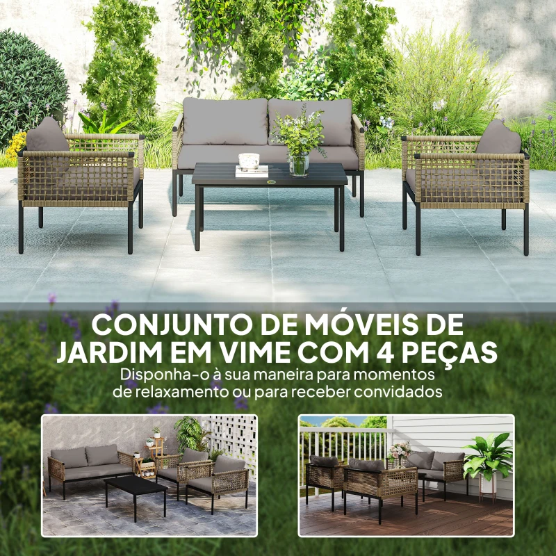 Outsunny Conjunto de Jardim de Vime Sintético de 4 Peças Inclui 1 Sofá Duplo 2 Cadeiras e Mesa de Centro com Almofadas Madeira e Cinzento
