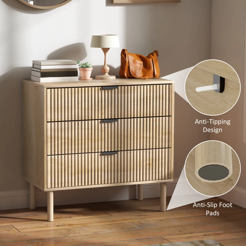 HOMCOM Comodă cu 3 Sertare, Picioare din Lemn Masiv și Design Canelat, 80x40x77,5 cm, Lemn Natural(m-6)
