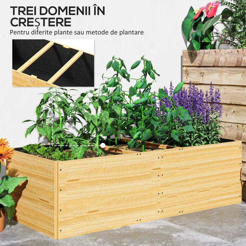 Outsunny Strat de Grădină Înălțat și Adânc cu 3 Zone de Creștere și Strat de Protecție, 140x60x40 cm, Lemn Natural