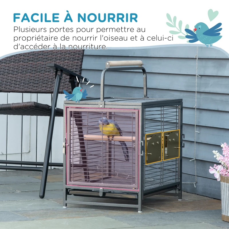 PawHut Cage de transport en acier pour perroquets, cage à oiseaux avec 2 bols en acier inoxydable, 2 perchoirs, plateau, noir