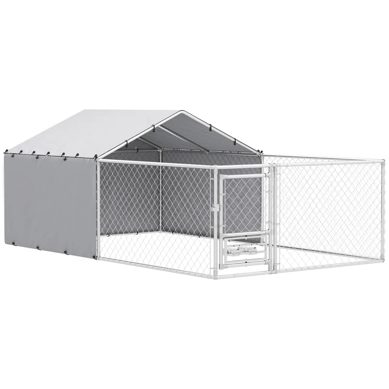 PawHut Țarc pentru Câini de Exterior cu Acoperiș Anti-UV Impermeabil și Boluri Rotative, 400x230x150 cm, Argintiu(m-11)