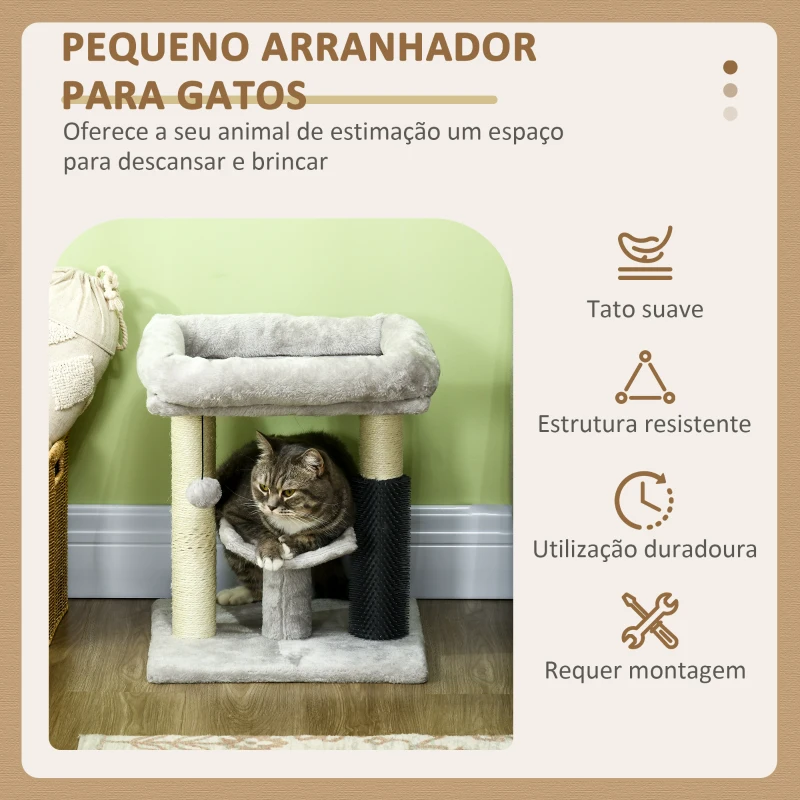 PawHut Arranhador para Gatos com 2 Postes de Arranhar Cama Plataforma em U e Escova Bola Suspensa 40x40x48 cm Cinza