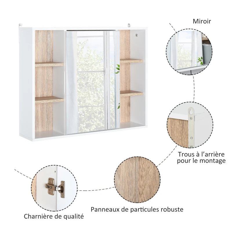 HOMCOM Armoire murale, meuble salle de bain avec miroir, miroir salle de bain avec rangement, placard à portes et 6 compartiments ouverts, 60 x 14,5 x 49,4 cm, blanc