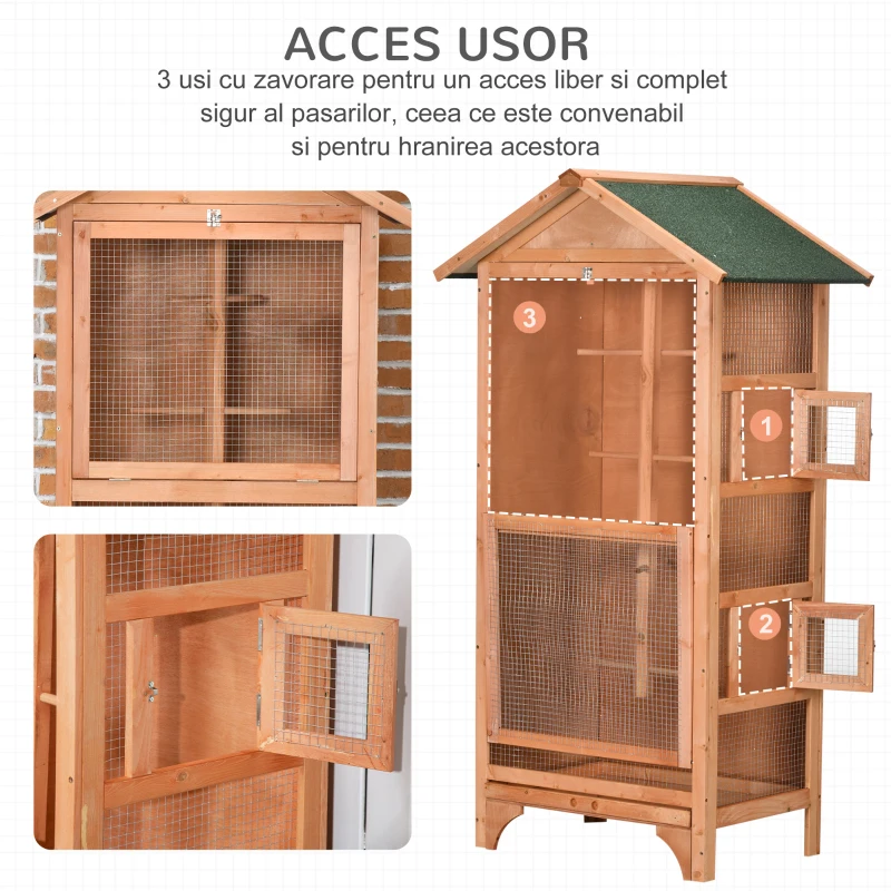 PawHut Colivie pentru Păsări cu 3 Deschideri cu Blocare, 4 Stinghii și Tavă Detașabilă, 80.5x57x153 cm, Portocaliu