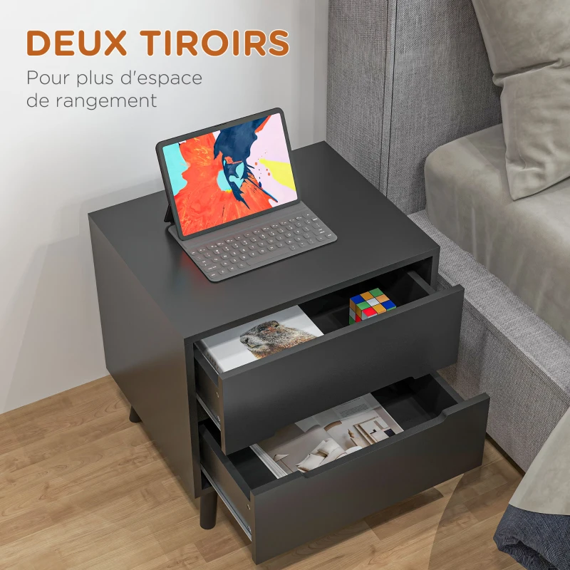 HOMCOM Table de chevet table de nuit avec 2 tiroirs style moderne pour chambre à coucher, salon, 50 x 40 x 50,5 cm, noir