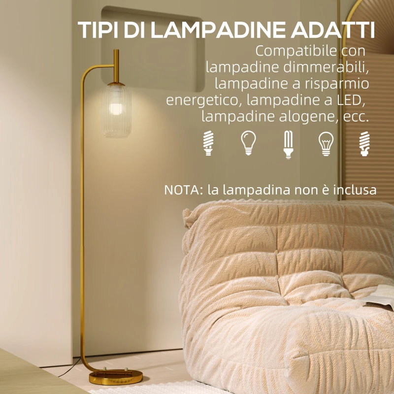 HOMCOM Lampada sur Socle Moderne avec Abat-Jour en Verre et Interrupteur à Pied pour Ampoules E27, Or