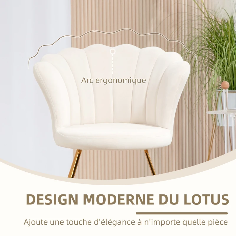 HOMCOM Fauteuil coquillage chaise coiffeuse fauteuil en velours fauteuil de salon avec pieds en acier 69 x 64 x 80 cm crème