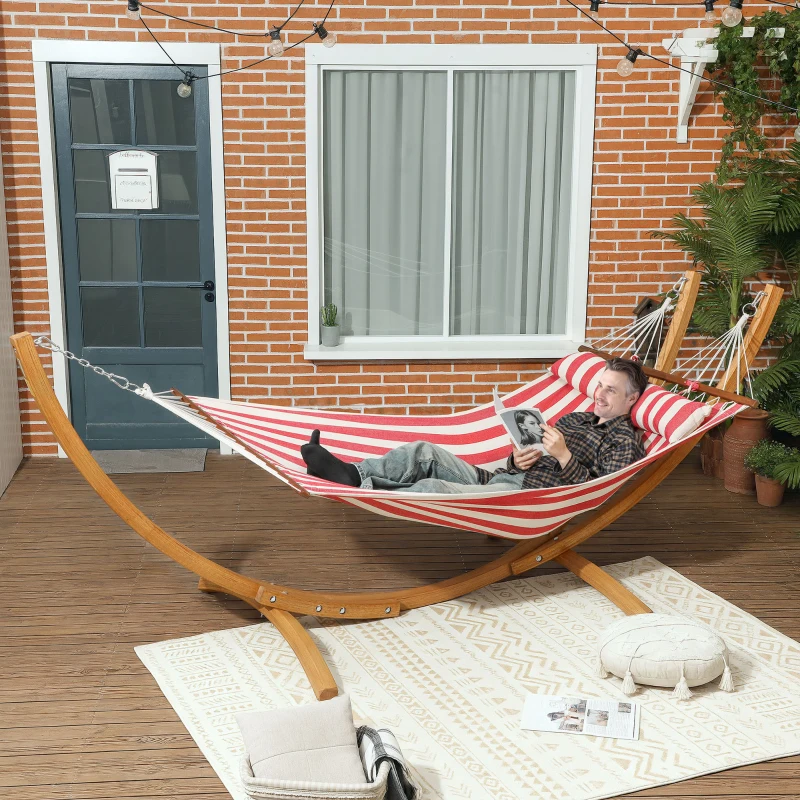 Outsunny Hamac sur pied 1 place, hamac avec support en bois oreiller de tête, lit en coton, 310x118x120cm, rouge et blanche
