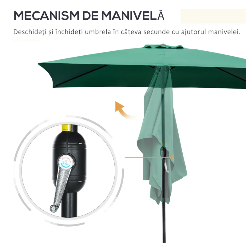 Outsunny Umbrelă dreptunghiulară pliabilă și reglabilă 2x3 m cu manivelă, din aluminiu și poliester, verde și negru