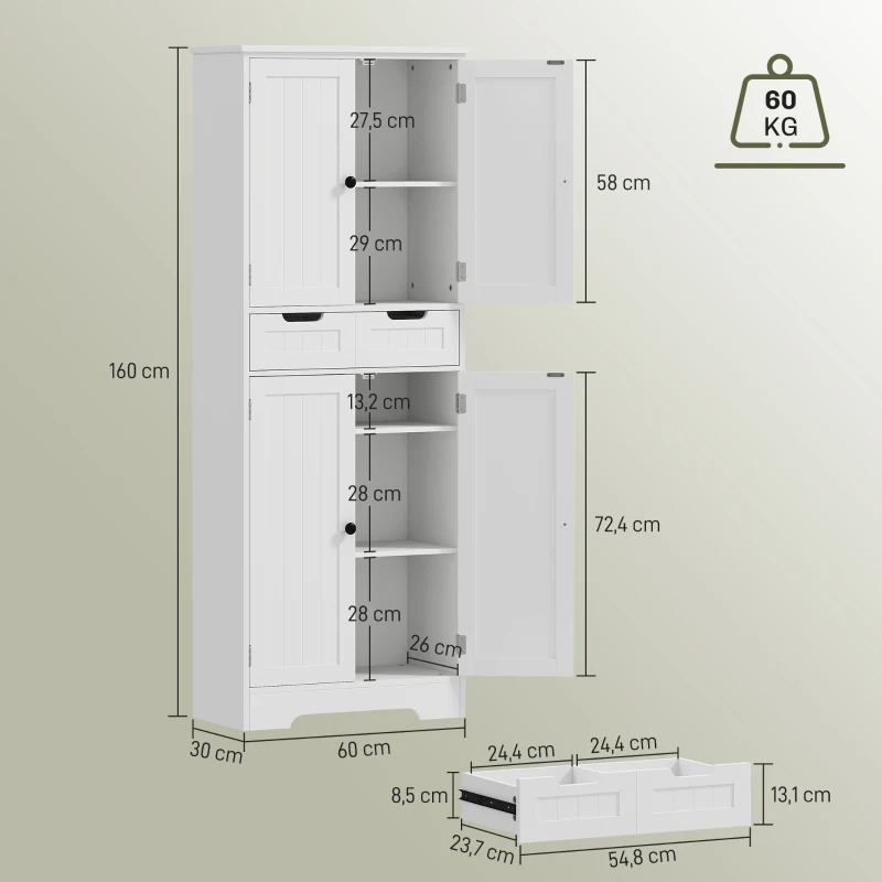 HOMCOM Meuble de salle de bain avec tiroir, placard à portes, étagère réglable, 60 x 30 x 160 cm, blanc(m-3)