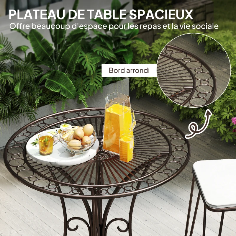 Outsunny Table de jardin ronde Ø 85 cm, table de terrasse cadre en métal, charge de 50 kg, pour intérieur et extérieur, marron