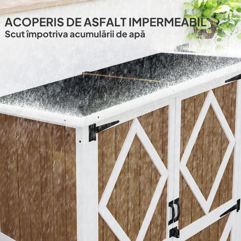 Outsunny Căsuță de Grădină cu 2 Rafturi, 2 Uși cu Încuietoare și Picioare Reglabile, 116.5x57x159/167 cm, Maro și Alb
