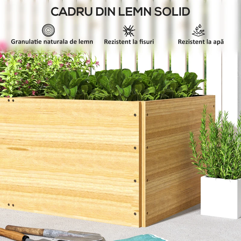 Outsunny Strat de Grădină Înălțat și Adânc cu 3 Zone de Creștere și Strat de Protecție, 140x60x40 cm, Lemn Natural