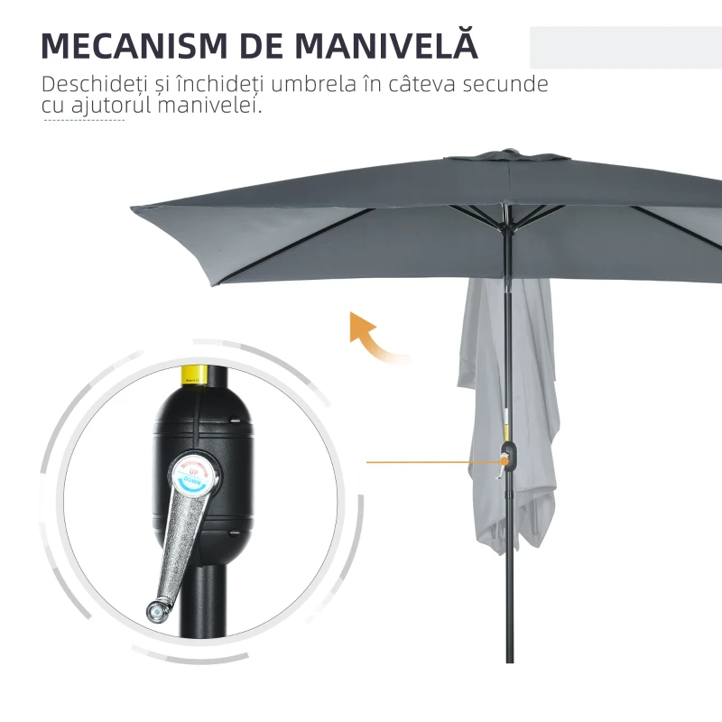Outsunny Umbrelă dreptunghiulară 2x3 m pliabilă și reglabilă cu manivelă, din aluminiu și poliester, gri închis
