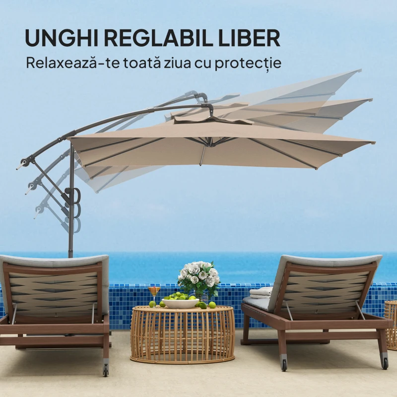 Outsunny Umbrelă cu Braț 3x3 m cu Acoperire Reglabilă și Bază în formă de Cruce, din Metal și Poliester, culoare Kaki