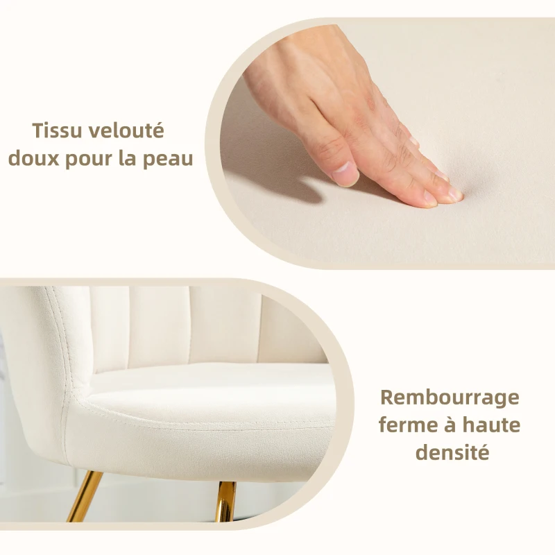 HOMCOM Fauteuil coquillage chaise coiffeuse fauteuil en velours fauteuil de salon avec pieds en acier 69 x 64 x 80 cm crème