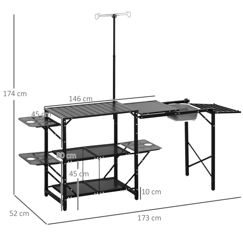 Outsunny Mesa de Campismo de 3 Níveis Dobrável com Prateleiras de Armazenamento Suporte para Candeeiro e Bolsa de Transporte 173x52x80-174 cm Preto