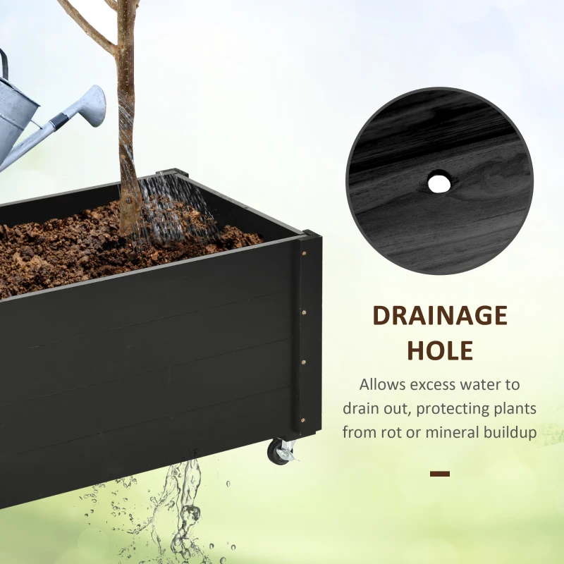 Outsunny Donica Wysoka, odporny na warunki atmosferyczne, 4 koła, drewno naturalne, czarny, 89 x 48 x 47 cm