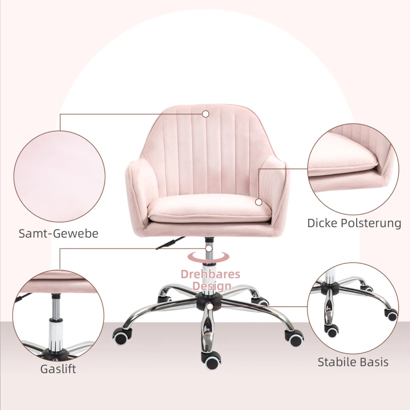 HOMCOM Regulowane Krzesło Biurowe Obrotowe do Domowego Biura z Oparciem i Podłokietnikami Różowe