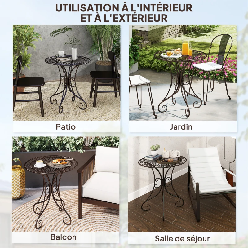 Outsunny Table de jardin ronde Ø 85 cm, table de terrasse cadre en métal, charge de 50 kg, pour intérieur et extérieur, marron