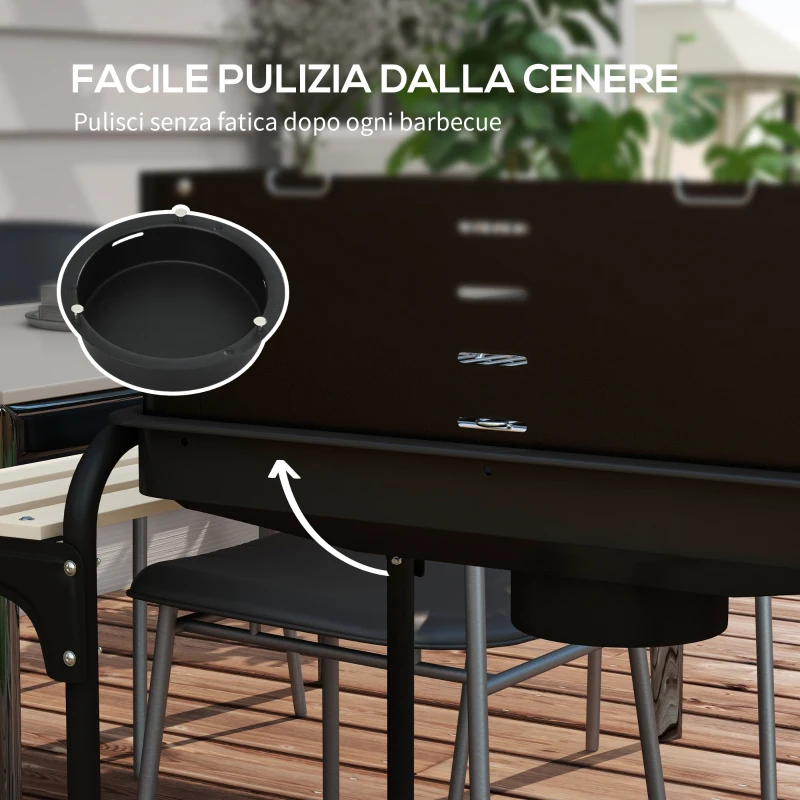 Outsunny Barbecue a Carbonella ad Altezza Regolabile con 3 Ripiani e Vassoio, in Metallo Legno, 113x53.5x82.5 cm, Nera