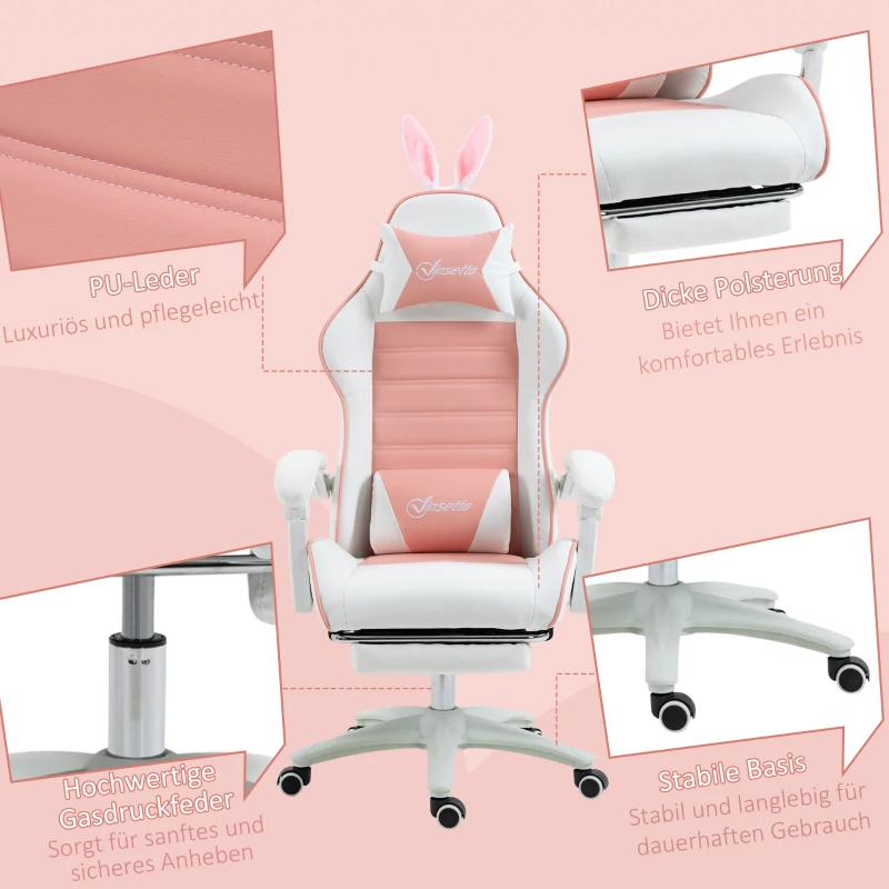 Vinsetto Gaming Stuhl Ergonomischer Gamer Stuhl mit Lendenwirbelstütze, Fußstütze Hasenohren Kopfkissen Rosa(m-8)