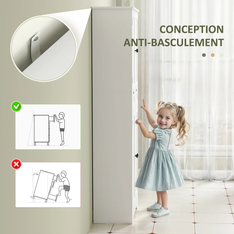 HOMCOM Meuble de salle de bain avec tiroir, placard à portes, étagère réglable, 60 x 30 x 160 cm, blanc(m-5)