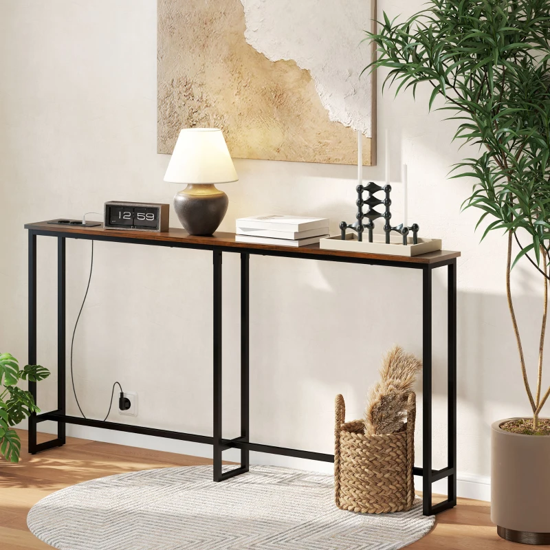 HOMCOM Smalle Consoletafel met Oplaadstation, Industriële Stijl, Stalen Frame, Bruin(m-7)