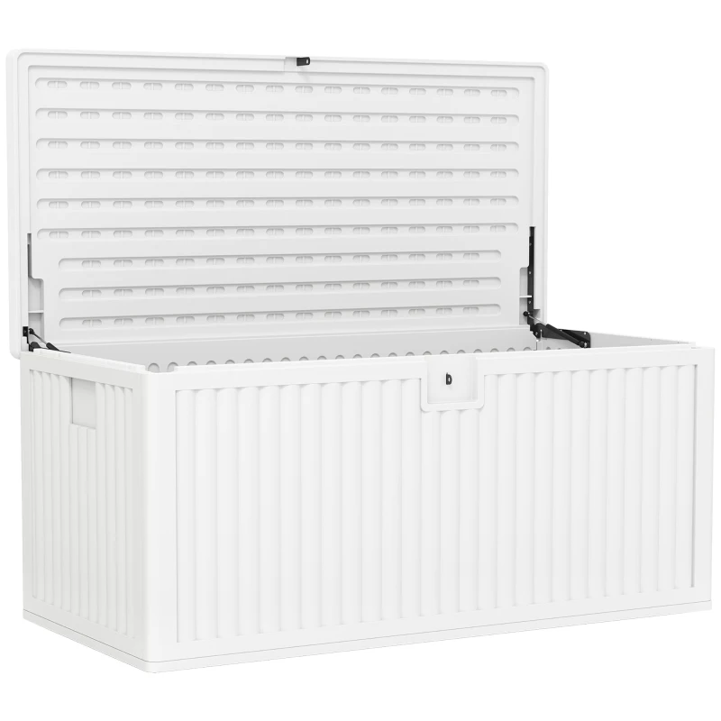 Outsunny Cufăr de Exterior de 140L Impermeabil cu Design Canelat și 2 Pistoane cu Gaz, 140x68x68 cm, Alb