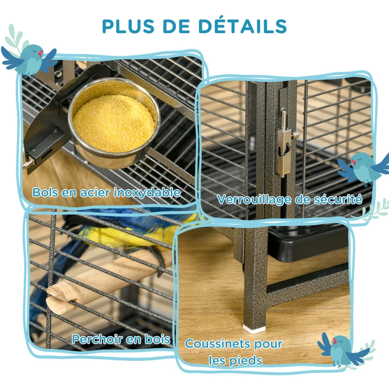 PawHut Cage de transport en acier pour perroquets, cage à oiseaux avec 2 bols en acier inoxydable, 2 perchoirs, plateau, noir