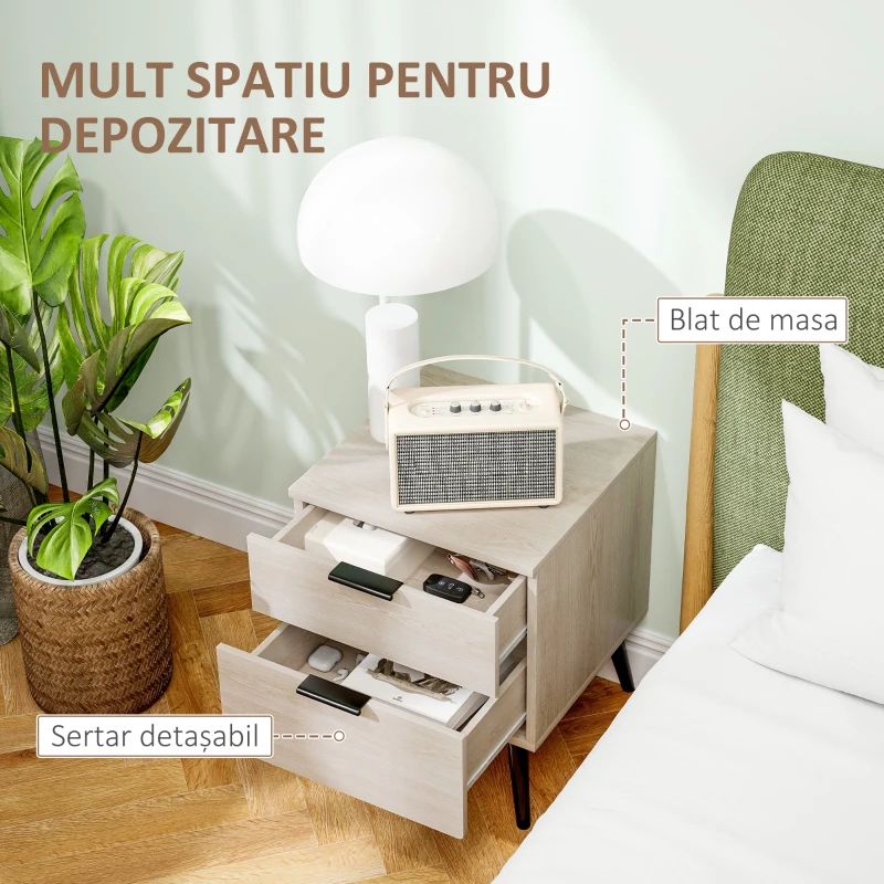 HOMCOM Set de 2 Noptiere cu 2 Sertare pentru Dormitor sau Camera de Zi, 40x40x50 cm, Lemn Natural