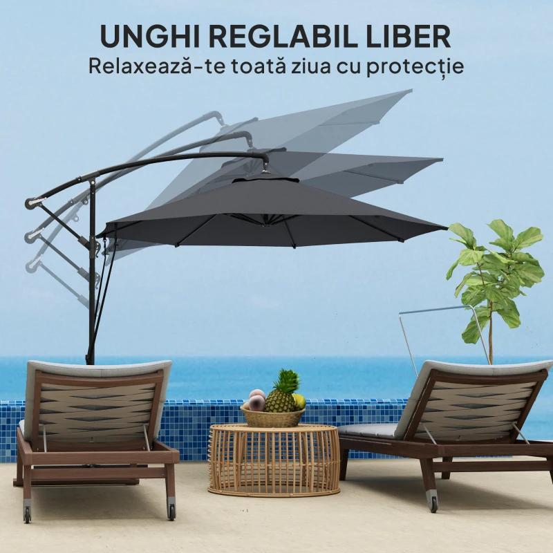 Outsunny Umbrelă de Soare cu Corzi Anti-Vânt, Orificii de Aerisire, Bază în Cruce și Manivelă, Φ290x243 cm, Gri