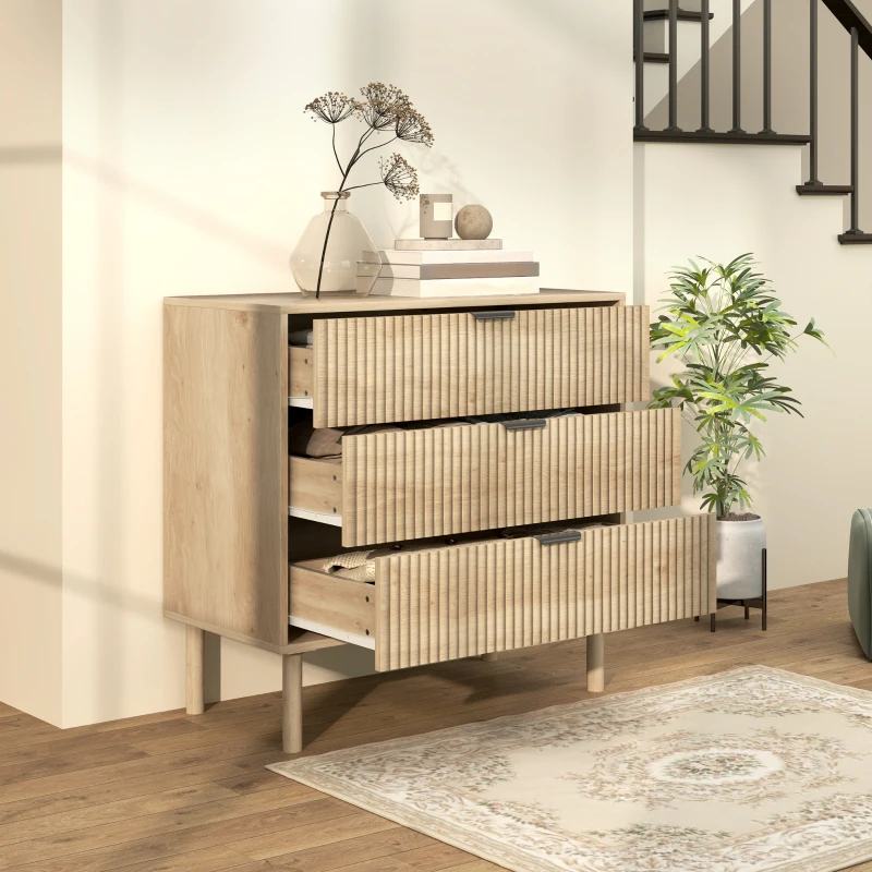 HOMCOM Comodă cu 3 Sertare, Picioare din Lemn Masiv și Design Canelat, 80x40x77,5 cm, Lemn Natural(m-7)