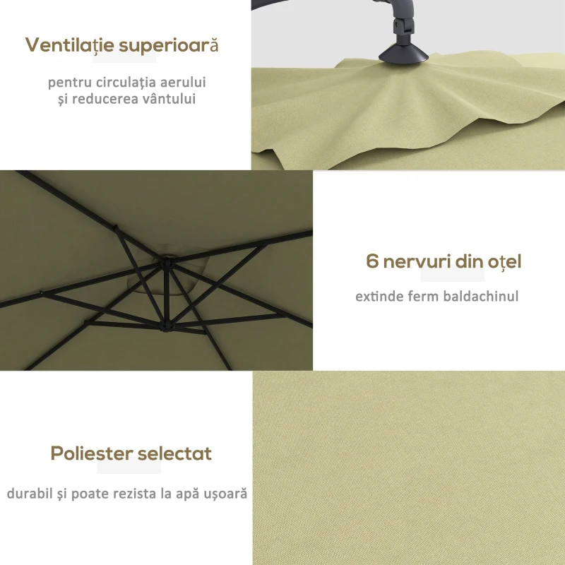 Outsunny Umbrelă Suspendată cu Orificii de Ventilaţie, Bază în Cruce şi Manivelă, 3x2 m, Bej